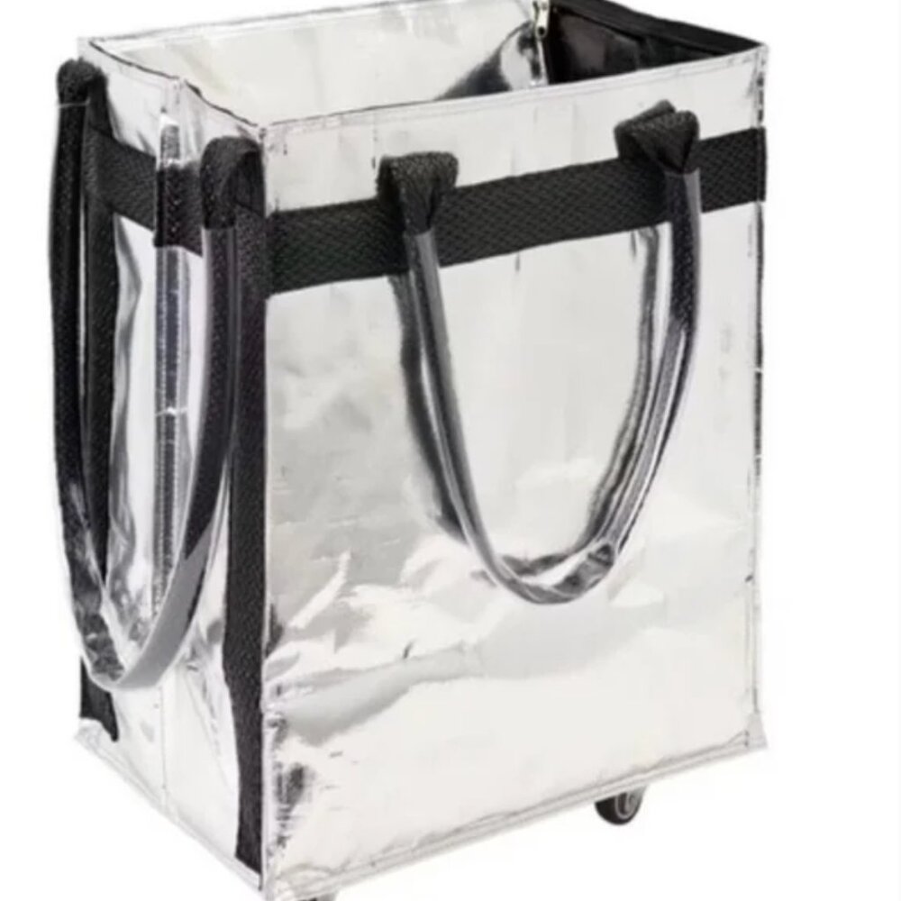 NEW LS LIVE IN STYLE Foldable Rolling Tote Silver Metallic Aldi Bag